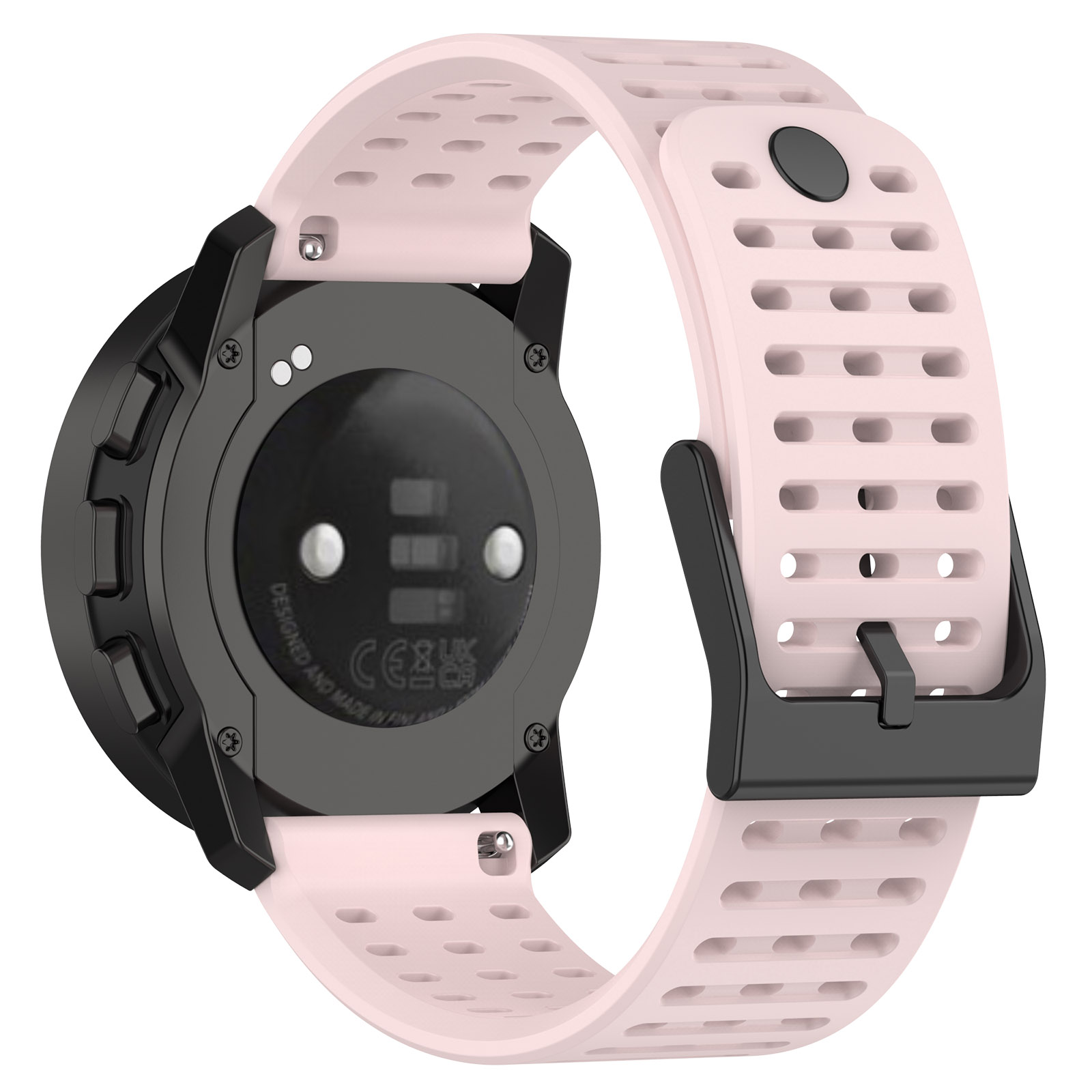 Schwarze Smartwatch, hellrosa Armband, Rückansicht. Armband hat Löcher. Szene ist gut beleuchtet.