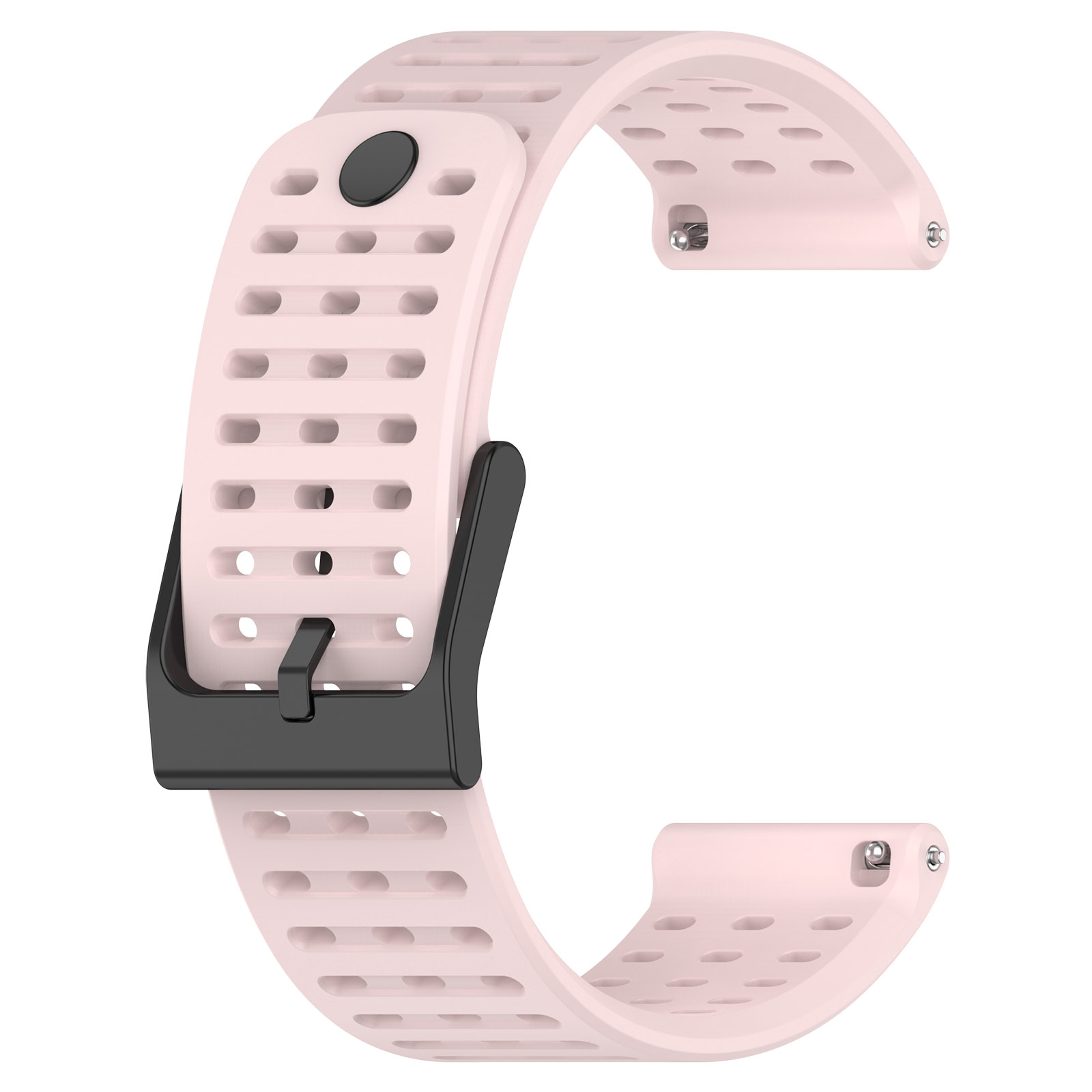 Hellrosa Uhrenarmband mit schwarzer Schnalle und Perforationen.