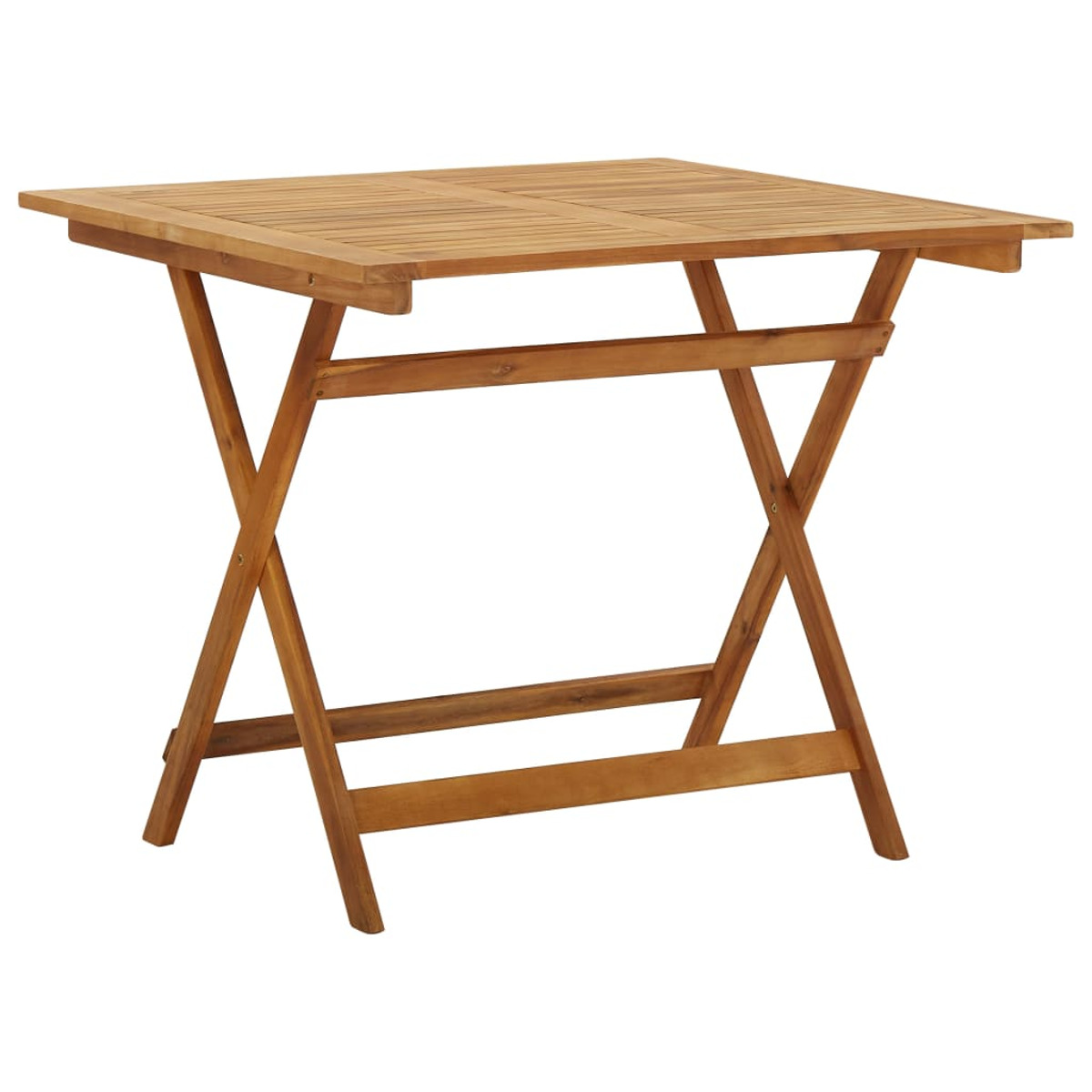 Quadratischer, klappbarer Holztisch mit kreuzförmigen Beinen. Der Tisch ist braun und aus Holz.