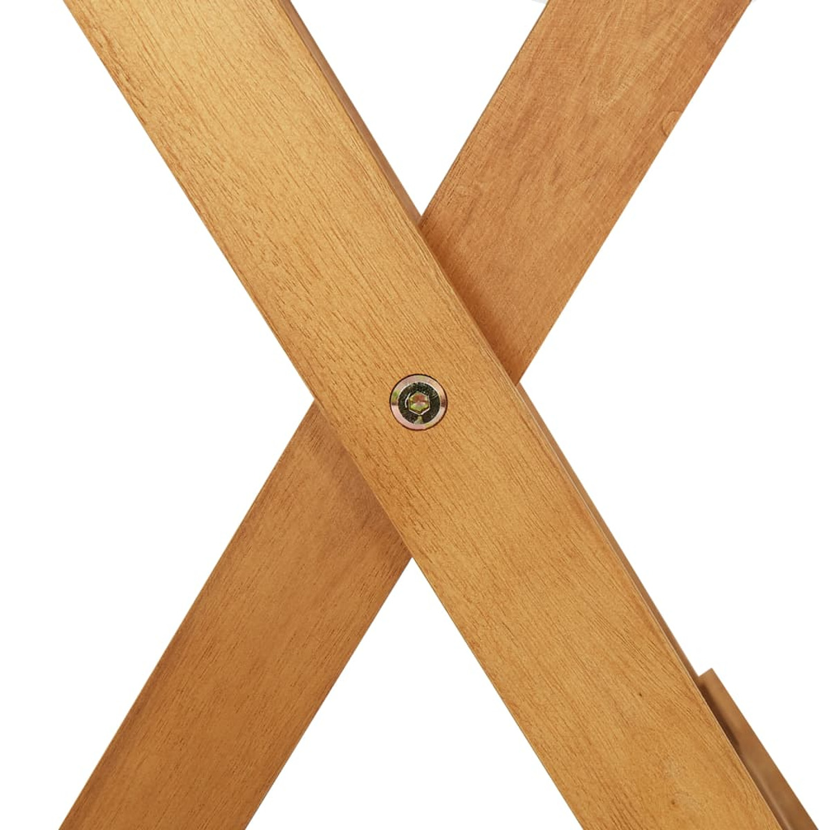 Zwei Holzbretter kreuzen sich in X-Form mit einem Metallverbinder. Weißer Hintergrund.