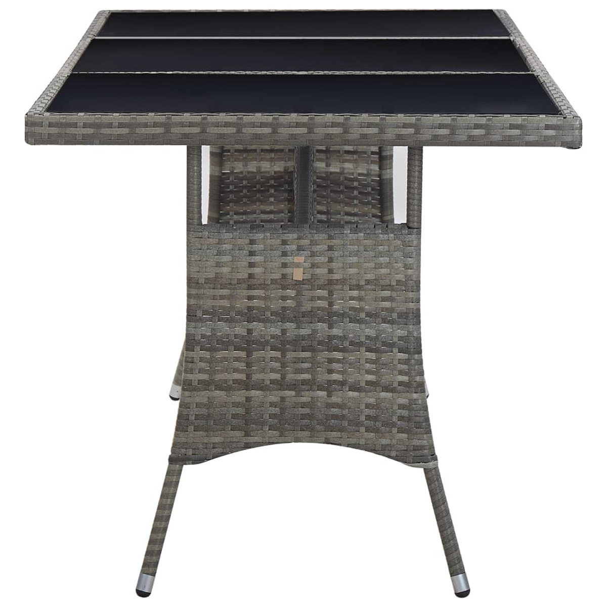 Tavolo da pranzo quadrato per esterni in materiale grigio intrecciato. Sfondo bianco.