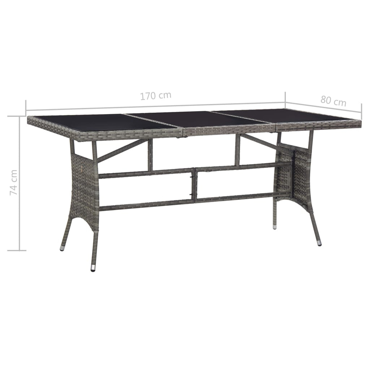 Tavolo in vimini grigio con piano nero. Dimensioni indicate. 170cm x 80cm, altezza 74cm.