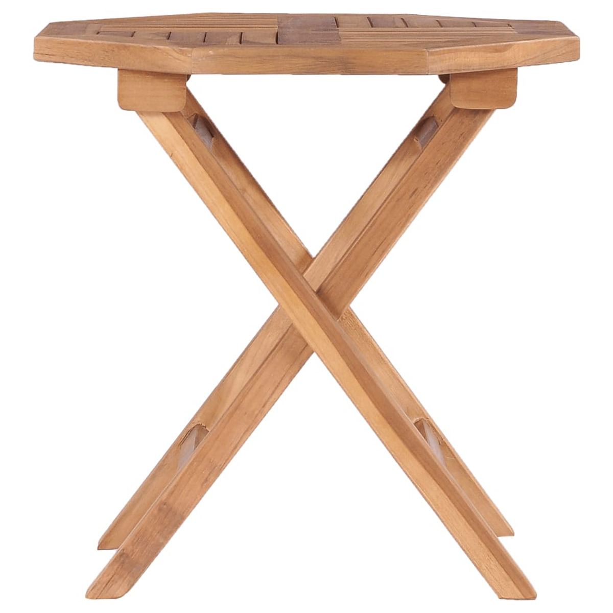 Holztisch, achteckig mit Klappbeinen. Es hat eine natürliche Farbe und steht auf weißem Hintergrund.