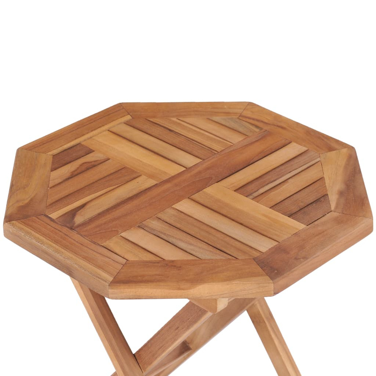 Achteckiger Holztisch mit Klappbeinen. Die Platte hat ein geometrisches Design.