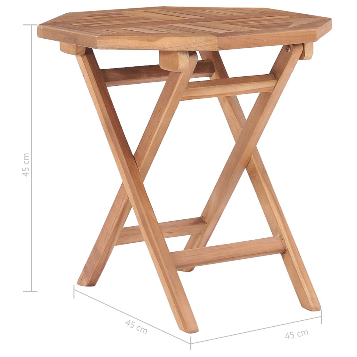 Klapptisch aus Holz, achteckige Platte, X-förmige Beine. 45cm Seiten, 45cm hoch.