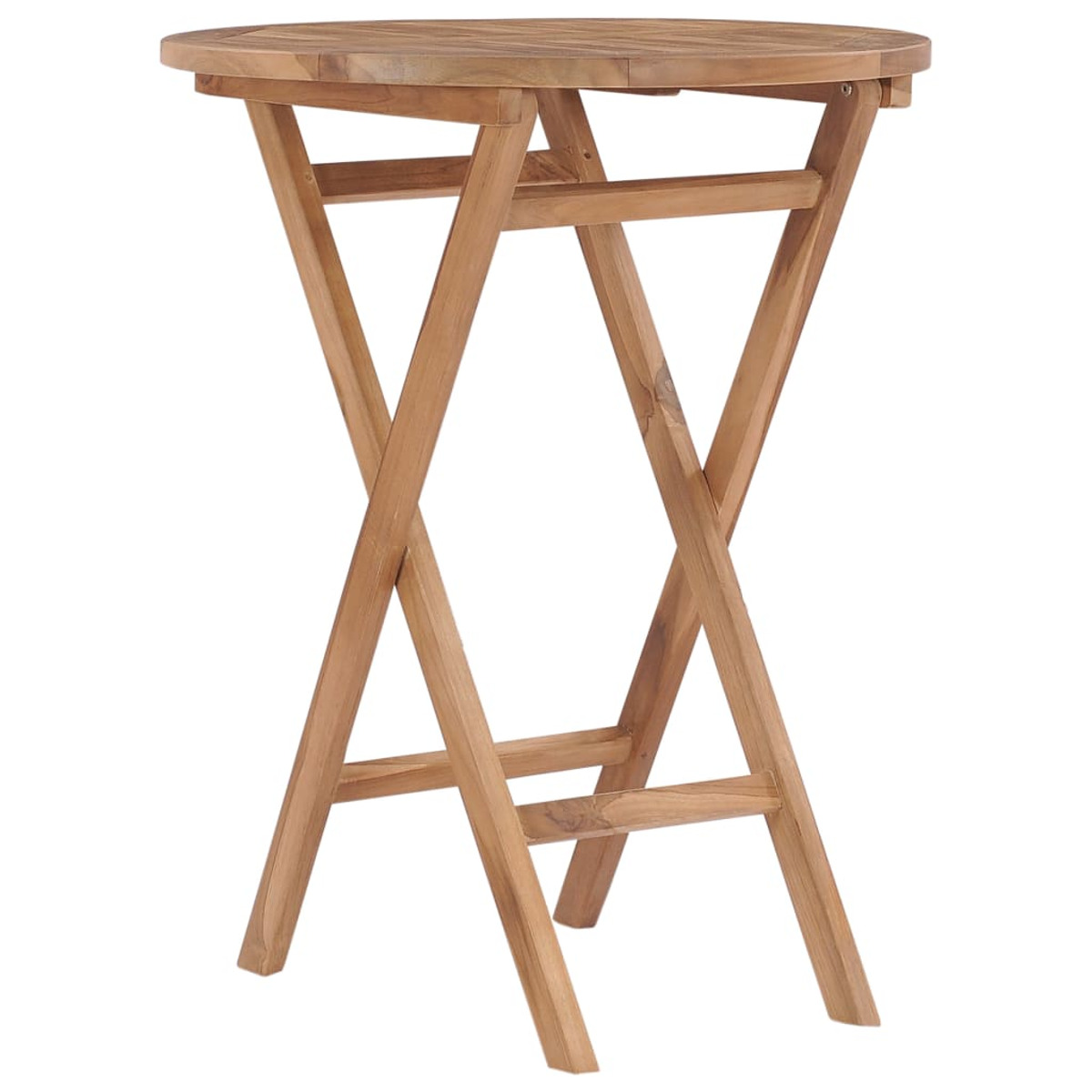 Ein runder, klappbarer Holztisch mit hellbrauner Oberfläche und gekreuzten Beinen.