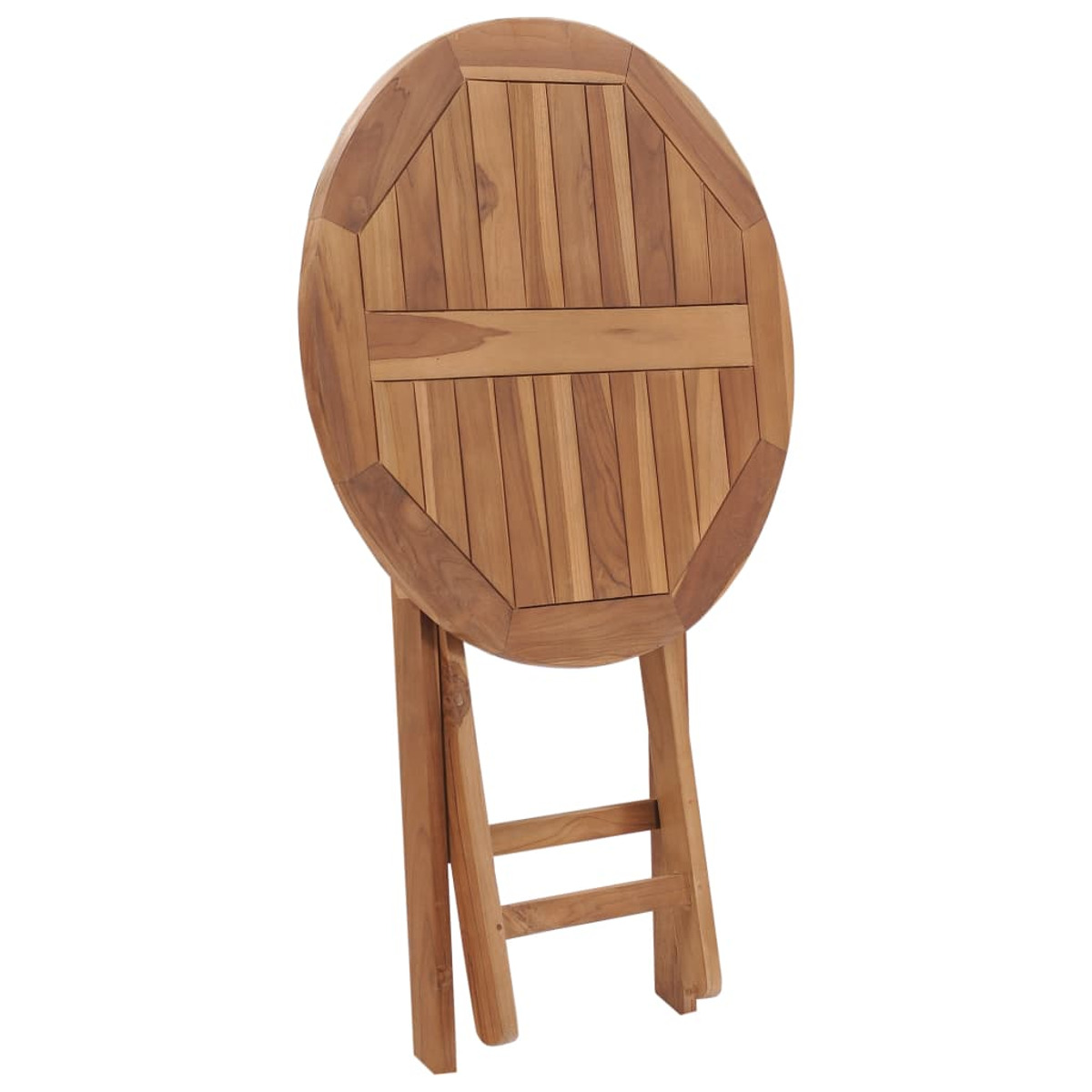 Holzklapptisch, ovales Oberteil mit vertikalen Lamellen, zusammengeklappt.