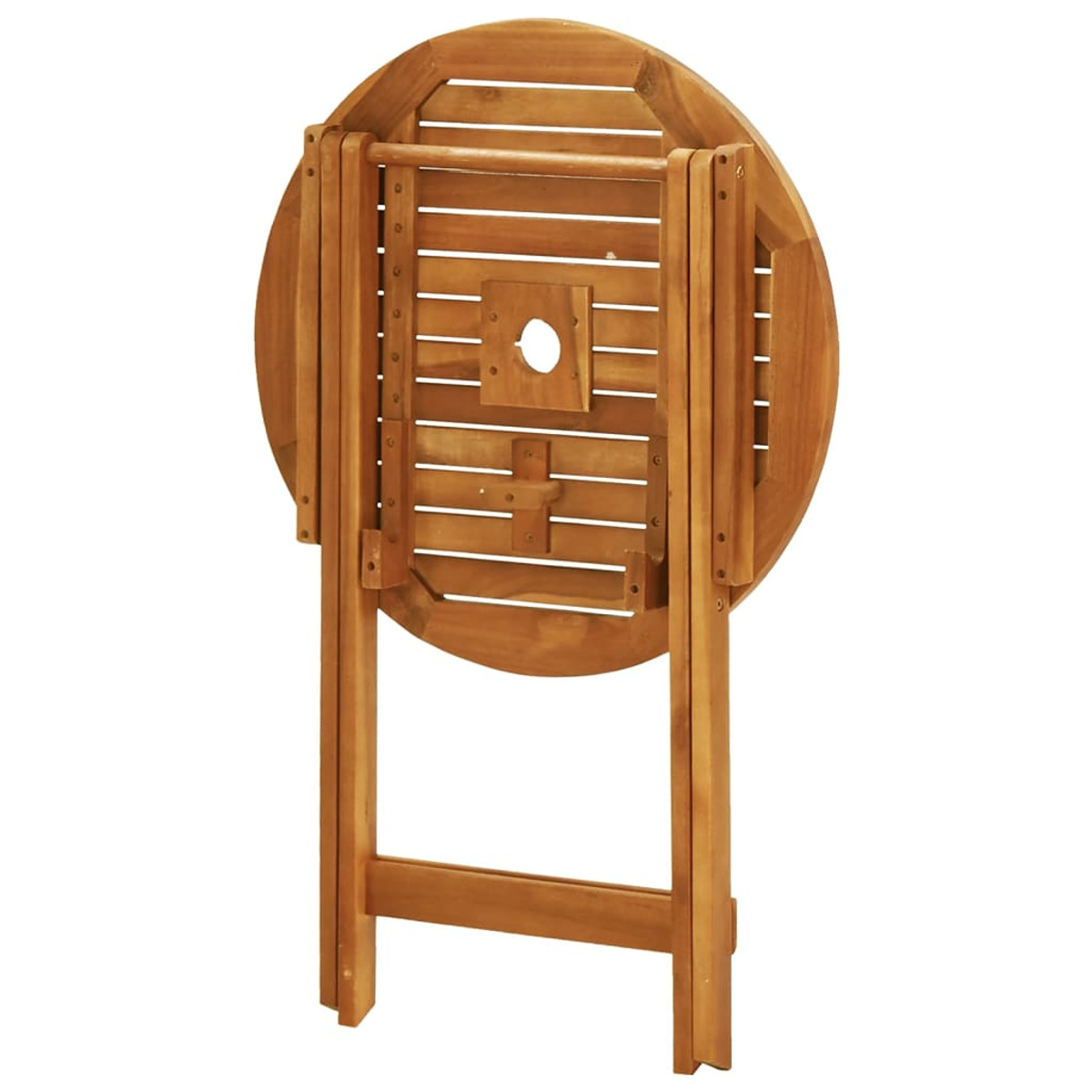 Ein gefalteter runder Holztisch, der die Unterseite und die Beine zeigt. Die Tischplatte ist braun.