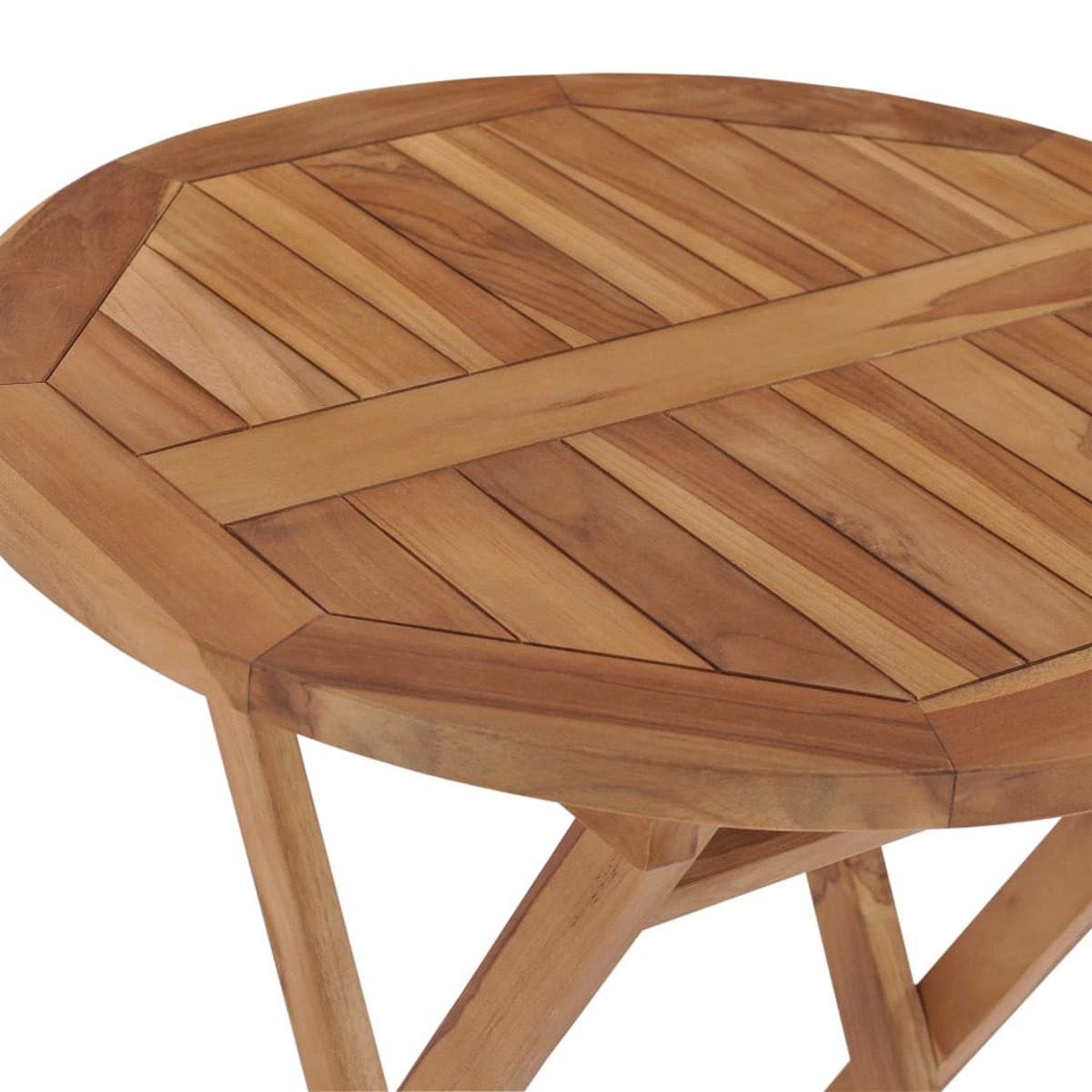 Holztisch mit runder Tischplatte. Holzmaserung und detailliertes Kantendesign. Beine nicht sichtbar.