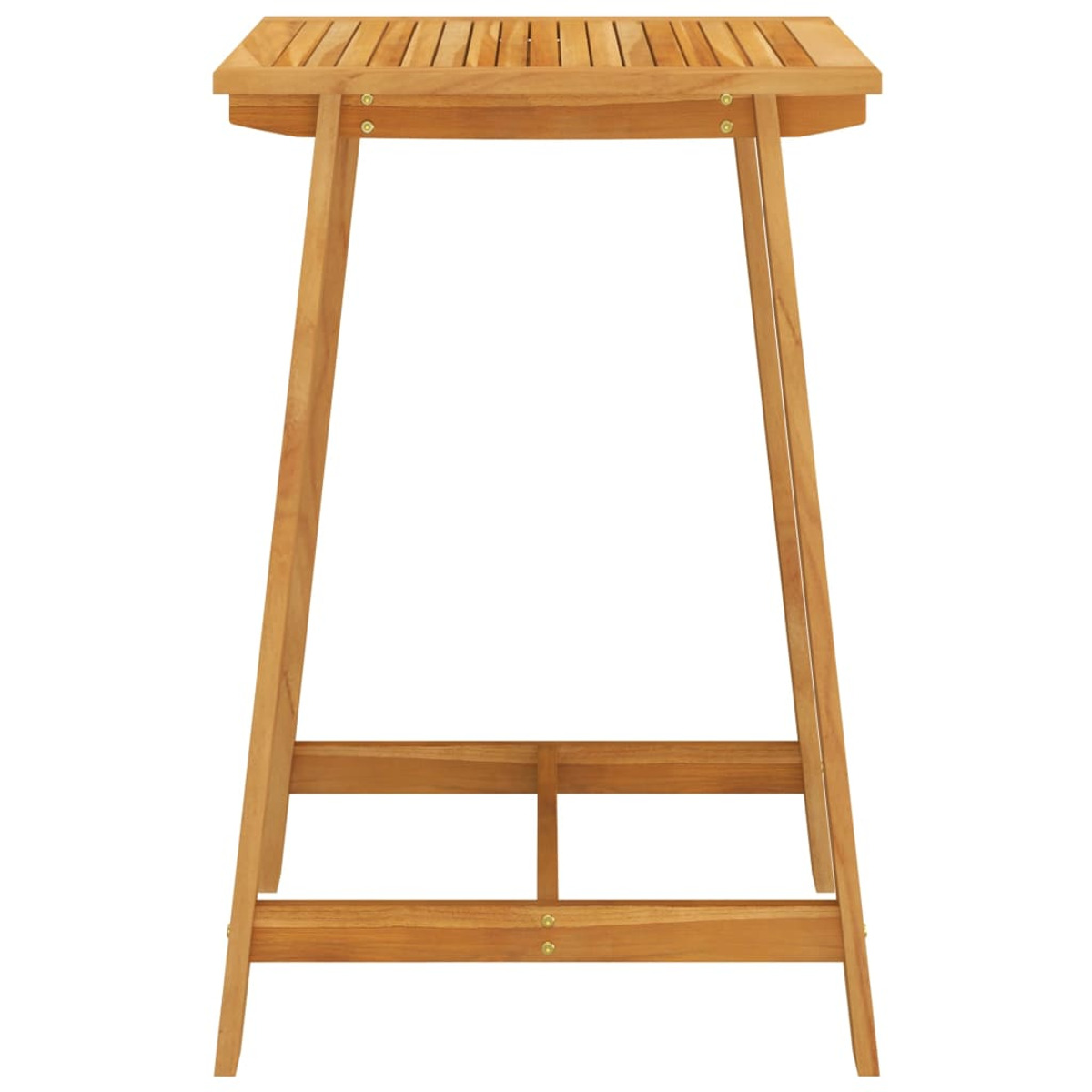 Holz-Außentisch mit Lattenoberfläche und schrägen Beinen. Weißer Hintergrund.