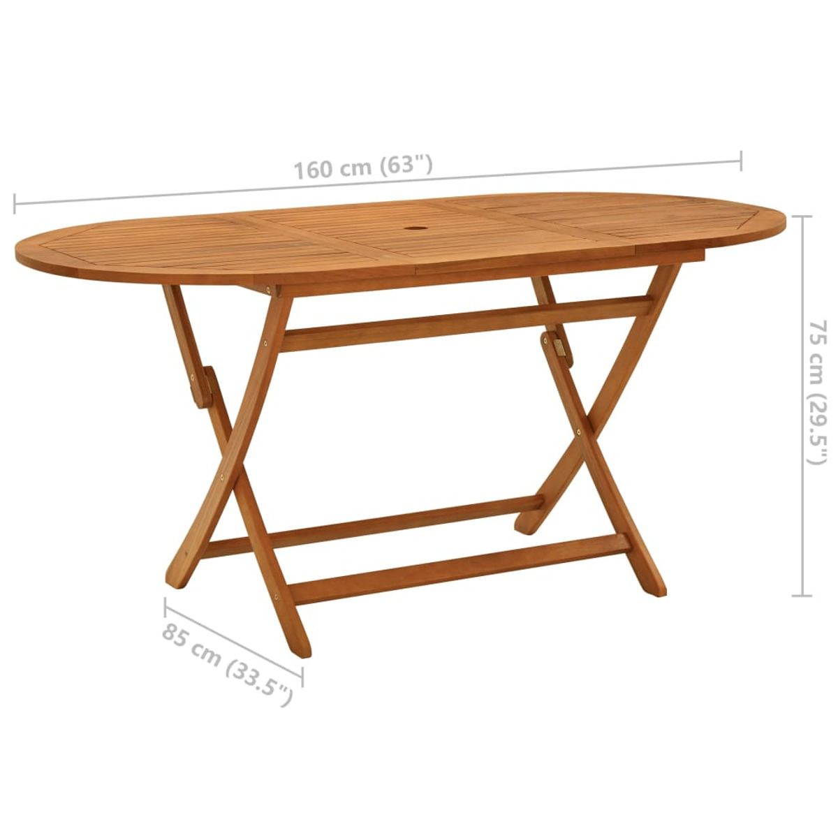 Ovaler Holztisch für draußen. Der Tisch hat ein Klappdesign mit X-förmigen Beinen.