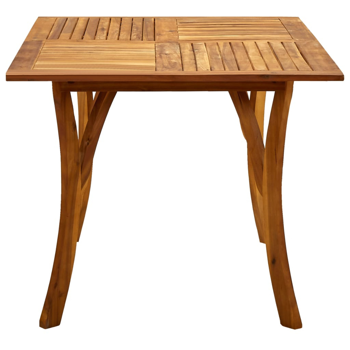 Quadratischer Holztisch mit gebogenen Beinen. Holzlatten bilden die Tischplatte.