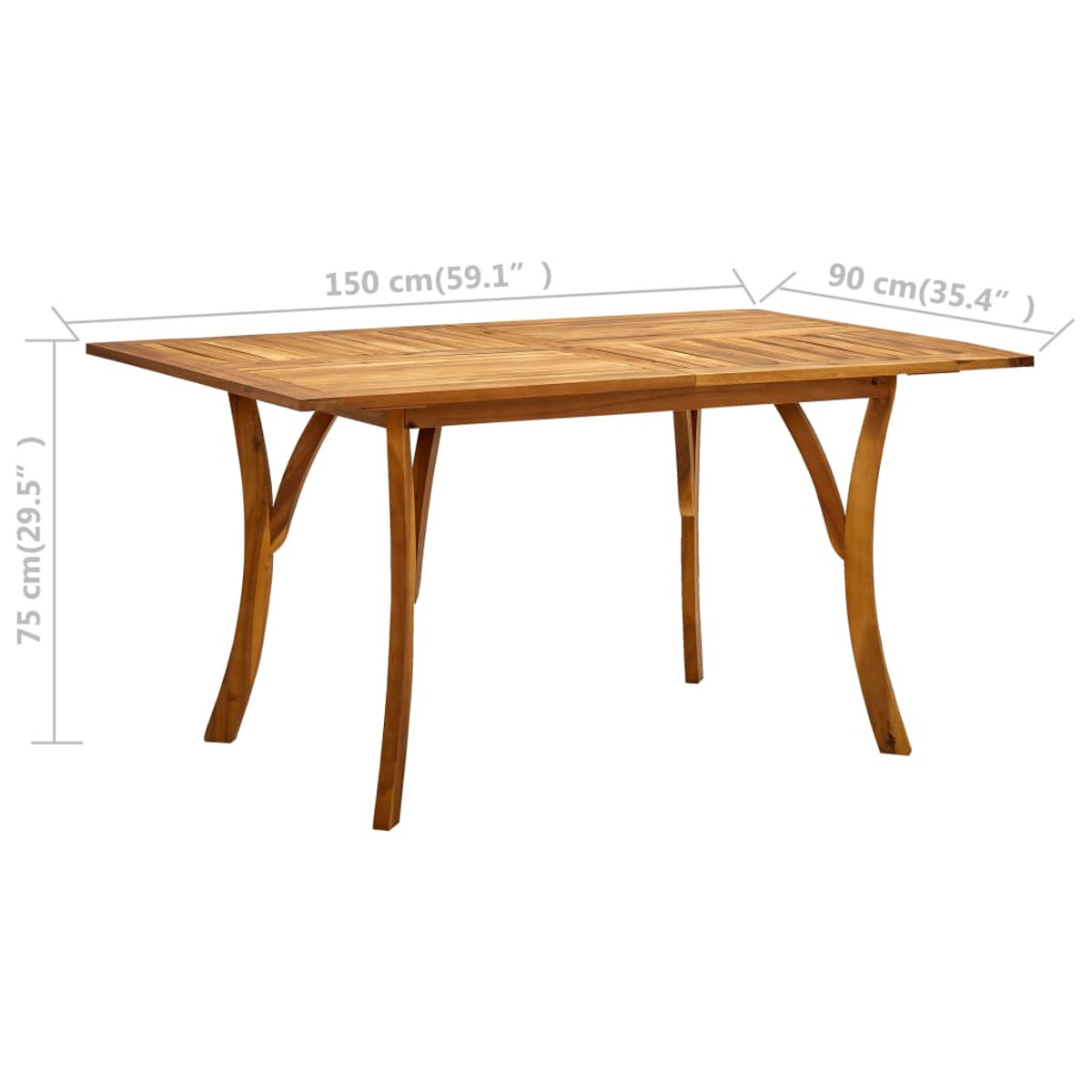 Holztisch mit Abmessungen. Gebogene Beine, Lattenrost. Weißer Hintergrund, gut beleuchtet, Maße gezeigt.