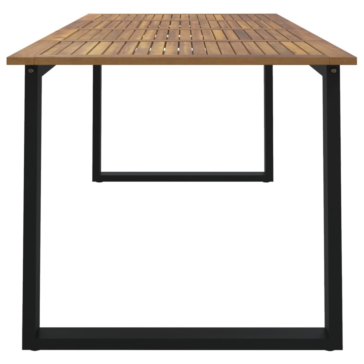 Holztisch mit rechteckiger Holzplatte und schwarzen Metallbeinen. Die Platte hat Lamellen.