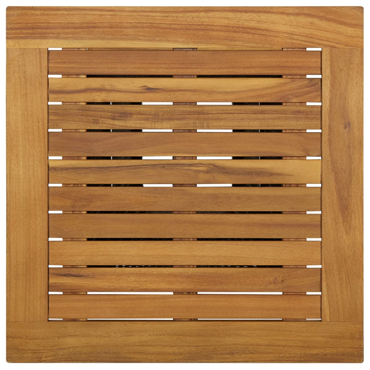 Ein quadratischer Holztisch, Draufsicht. Der Tisch hat einen quadratischen Rahmen und Holzlatten.