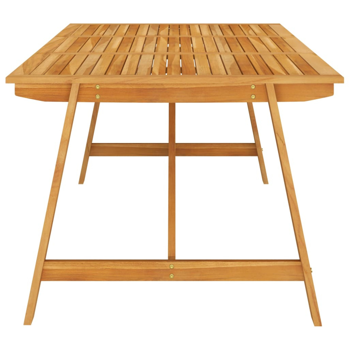 Rechteckiger Holztisch, hellbraun, Lattenrost, mit zwei Stützbeinen und einer Querstrebe.