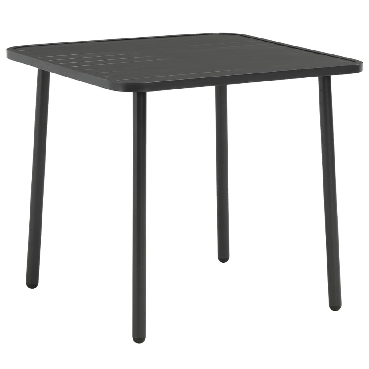 Ein schwarzer quadratischer Tisch mit vier Beinen.