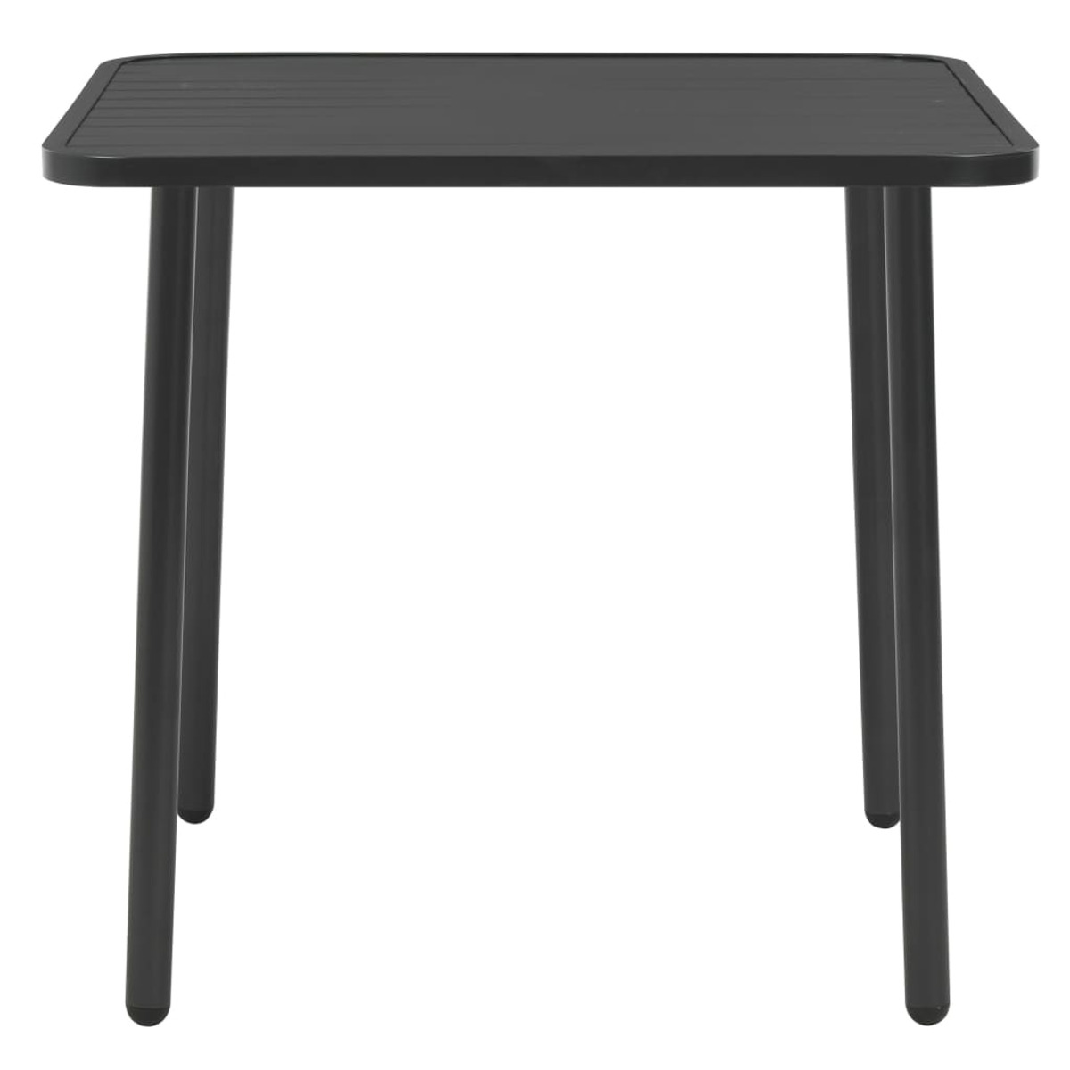 Schwarzer quadratischer Tisch mit vier Beinen, schlichtes Design.