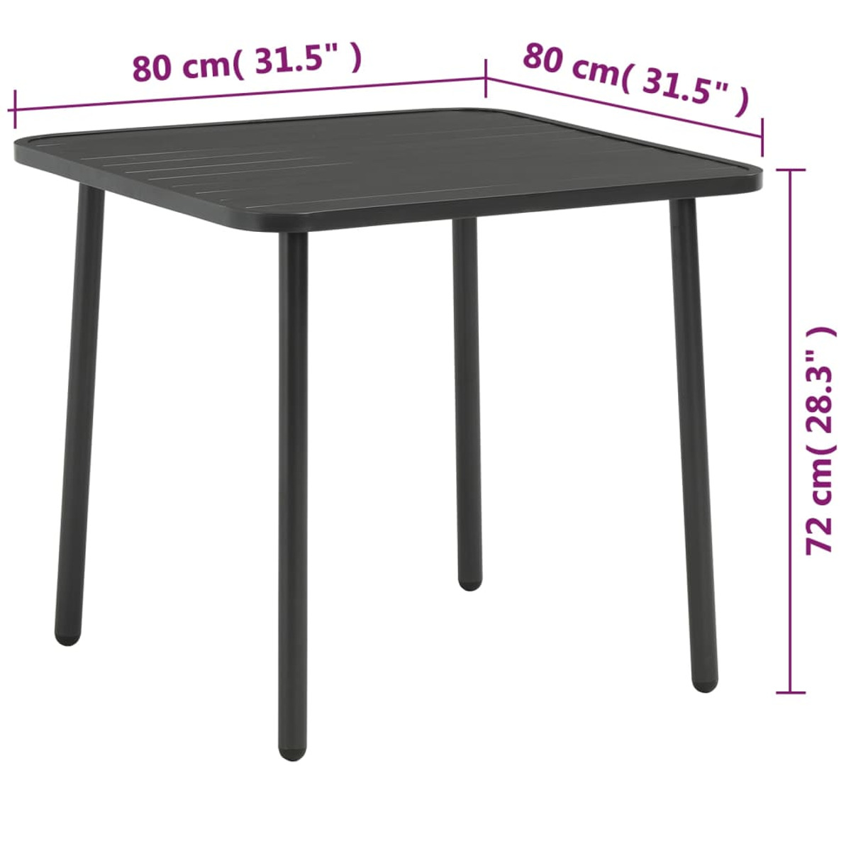 Quadratischer schwarzer Tisch mit vier Beinen. Abmessungen sind angegeben.