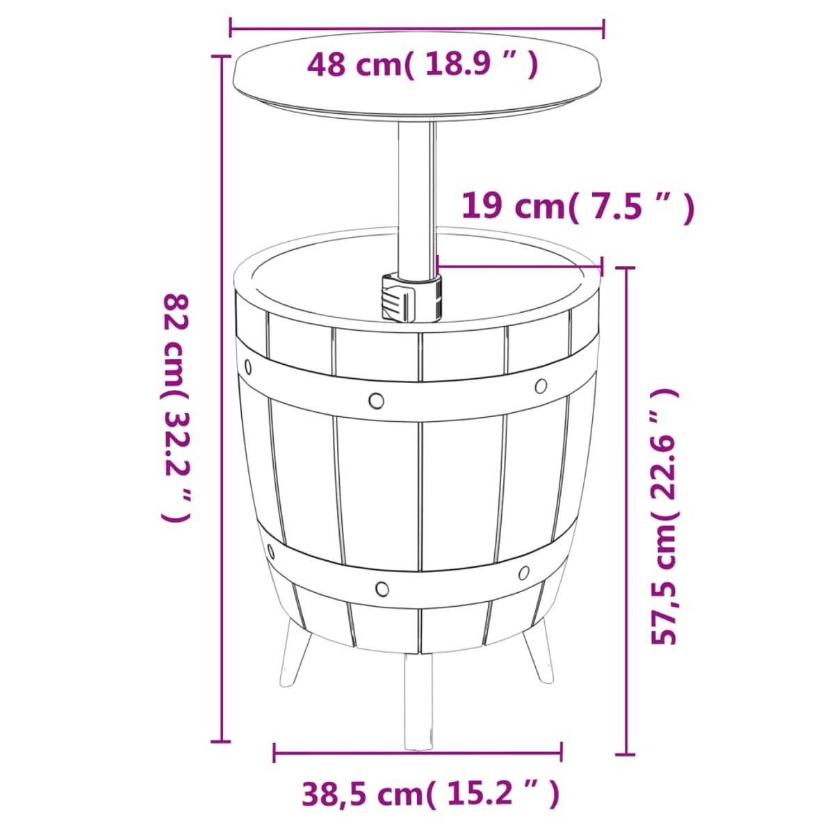 Hoher Holztisch in Fassform mit kleiner Tischplatte. Abmessungen in cm und Zoll.