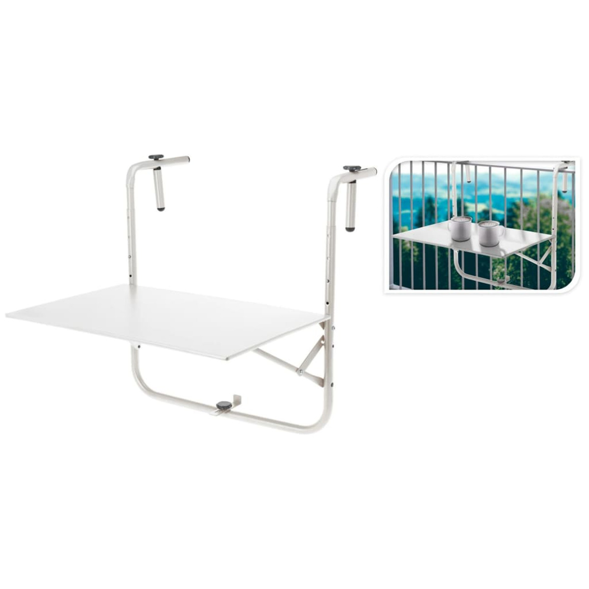 Una mesa de balcón blanca con dos brazos de soporte y una imagen más pequeña mostrando la mesa en uso.