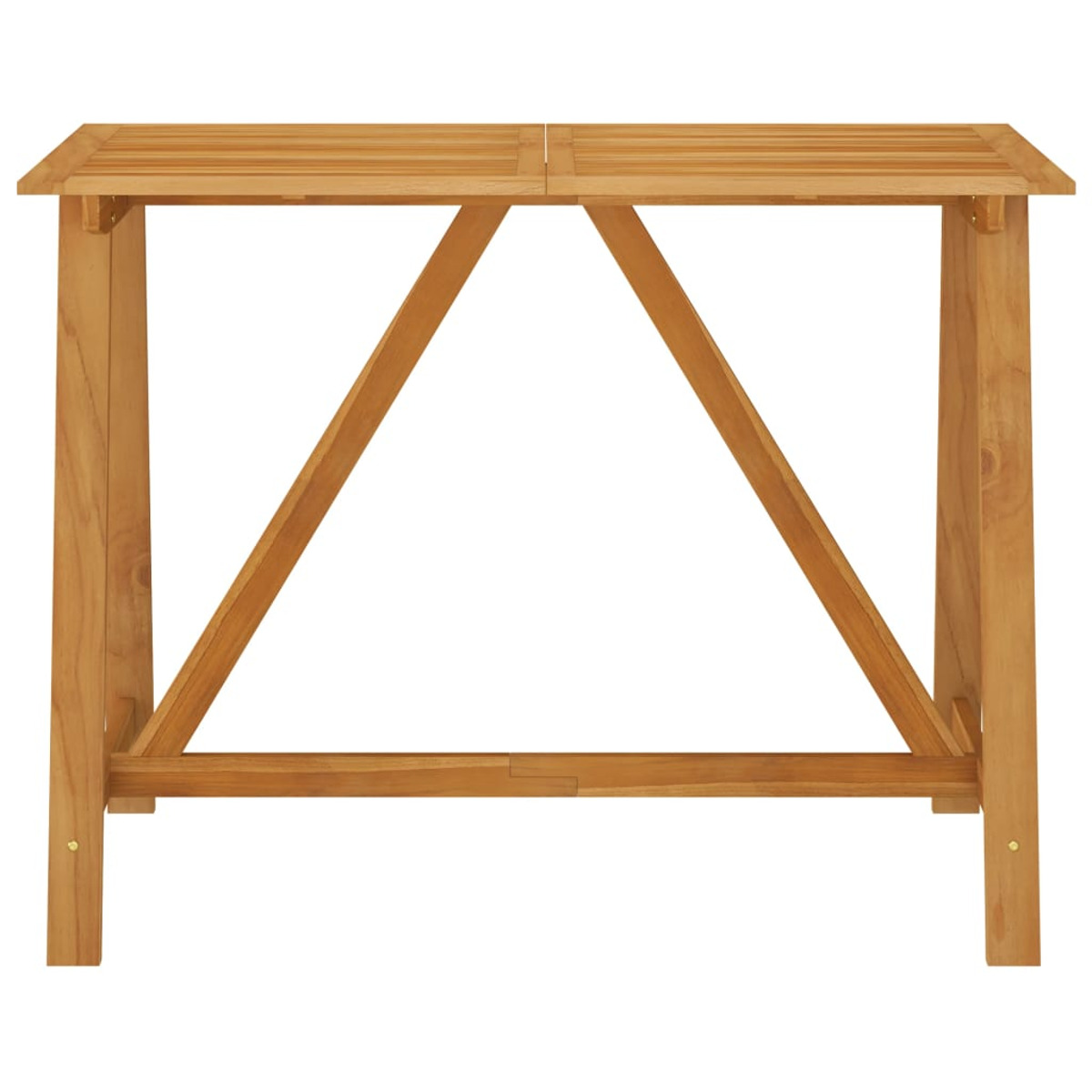 Holztisch für draußen, hellbraun. Rechteckige Platte mit Lamellendesign. Zwei Beine verbunden durch Querstreben.