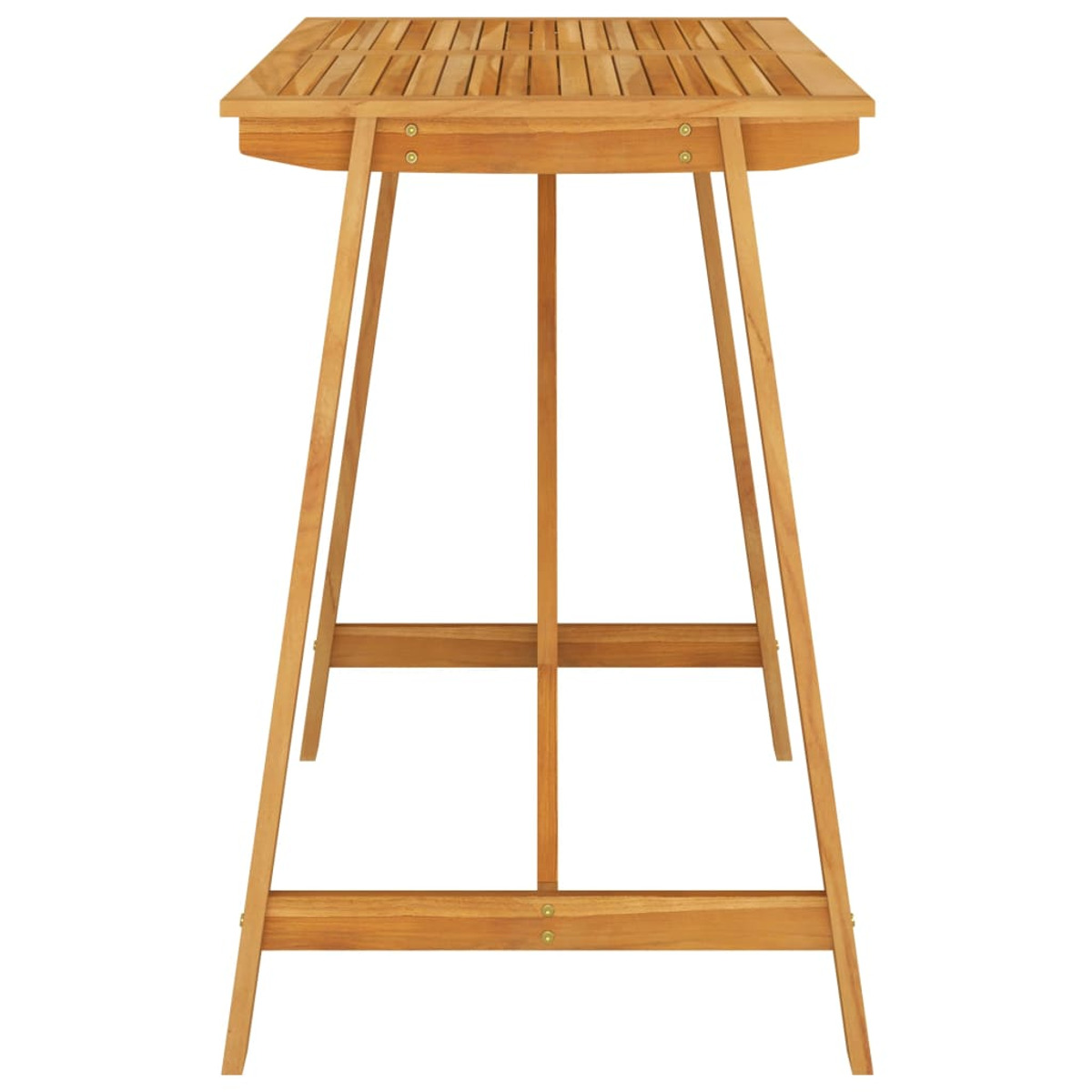 Hoher Holztisch mit Lamellenplatte und abgewinkelten Beinen, auf weißem Hintergrund.