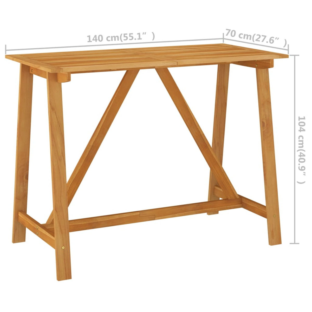 Holz-Bartisch mit Maßen. Der Tisch ist rechteckig mit abgewinkelten Beinen.