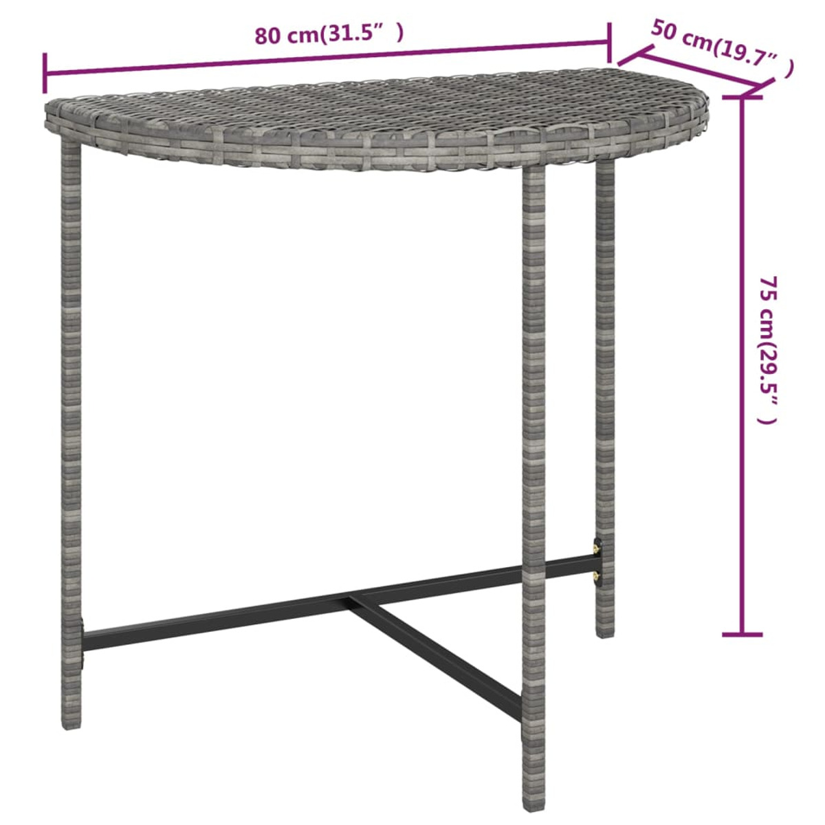 Halbmondförmiger Bartisch aus Korbgeflecht mit Maßen. Er hat ein graues Geflecht, eine schwarze Metallstütze und Beine.