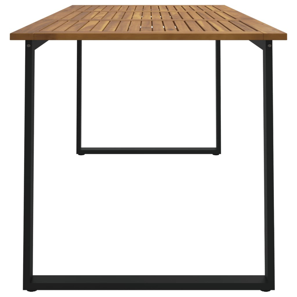 Holztisch mit schwarzen Metallbeinen. Lattenrost. Isoliert vor weißem Hintergrund. Einfaches Design.