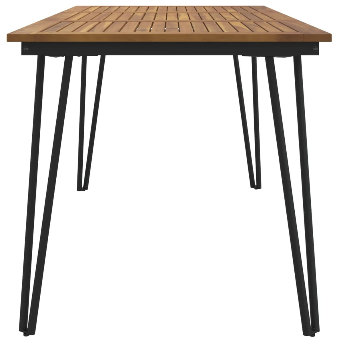 Holztisch mit schwarzen Metallbeinen. Der Tisch ist rechteckig mit einer Lattenoberfläche.