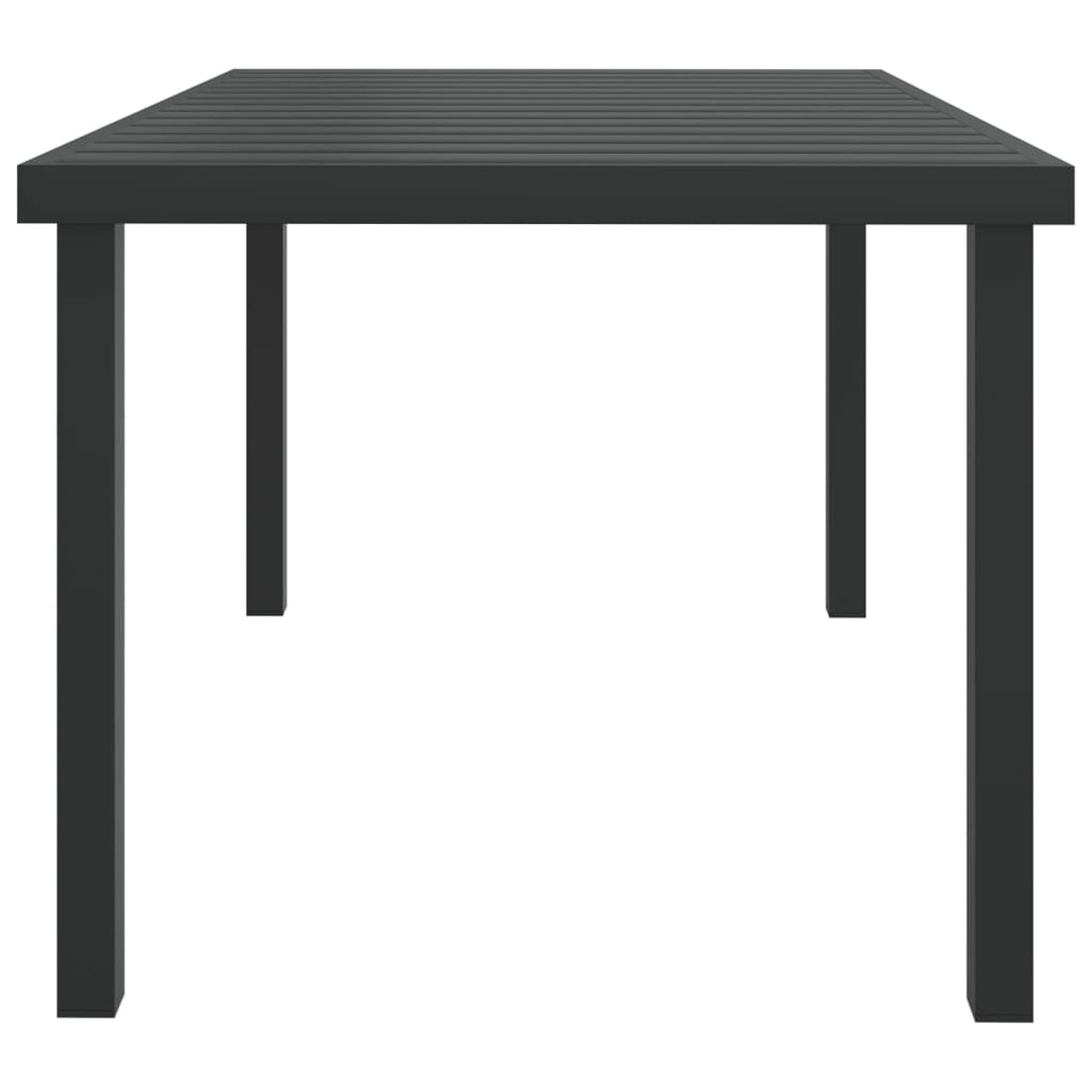 Dunkelgrauer Tisch mit vier Beinen. Der Tisch hat eine flache Oberfläche. Isoliert auf Weiß.