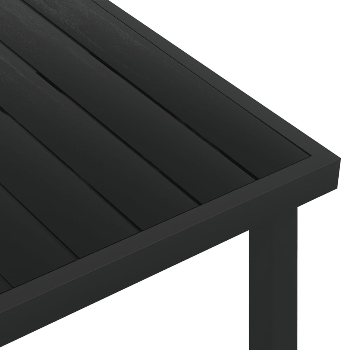 Nahaufnahme einer schwarzen Tischplatte mit Planken. Schwarzer Rahmen, auf weißem Hintergrund.