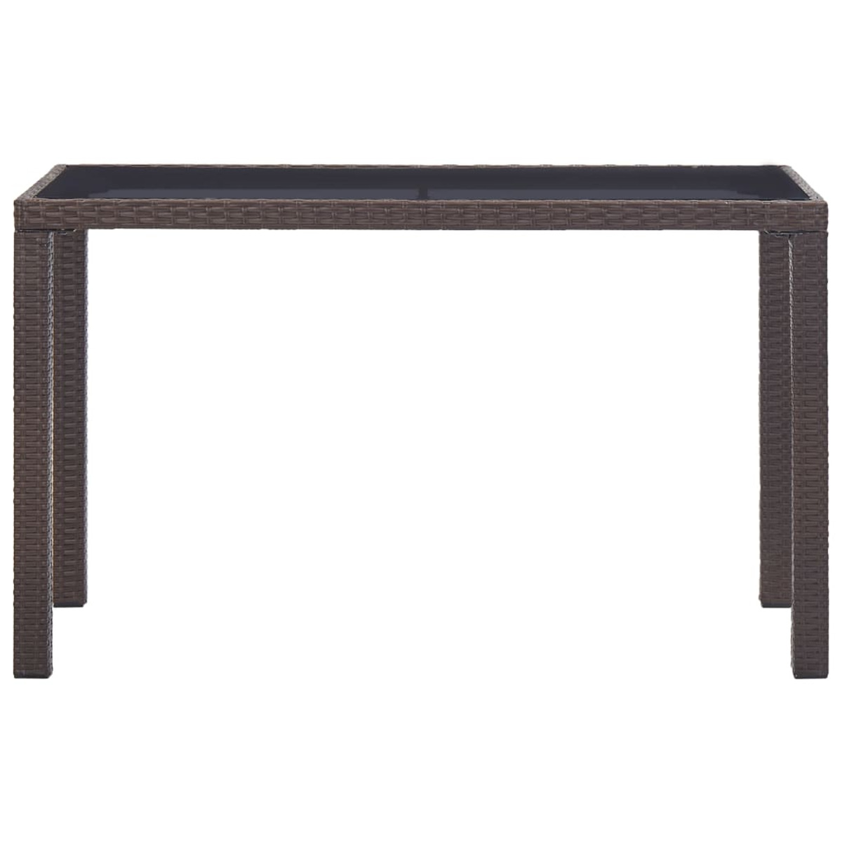 Brauner Korbtisch mit rechteckiger Oberseite und vier Beinen. Einfaches Design, weißer Hintergrund.