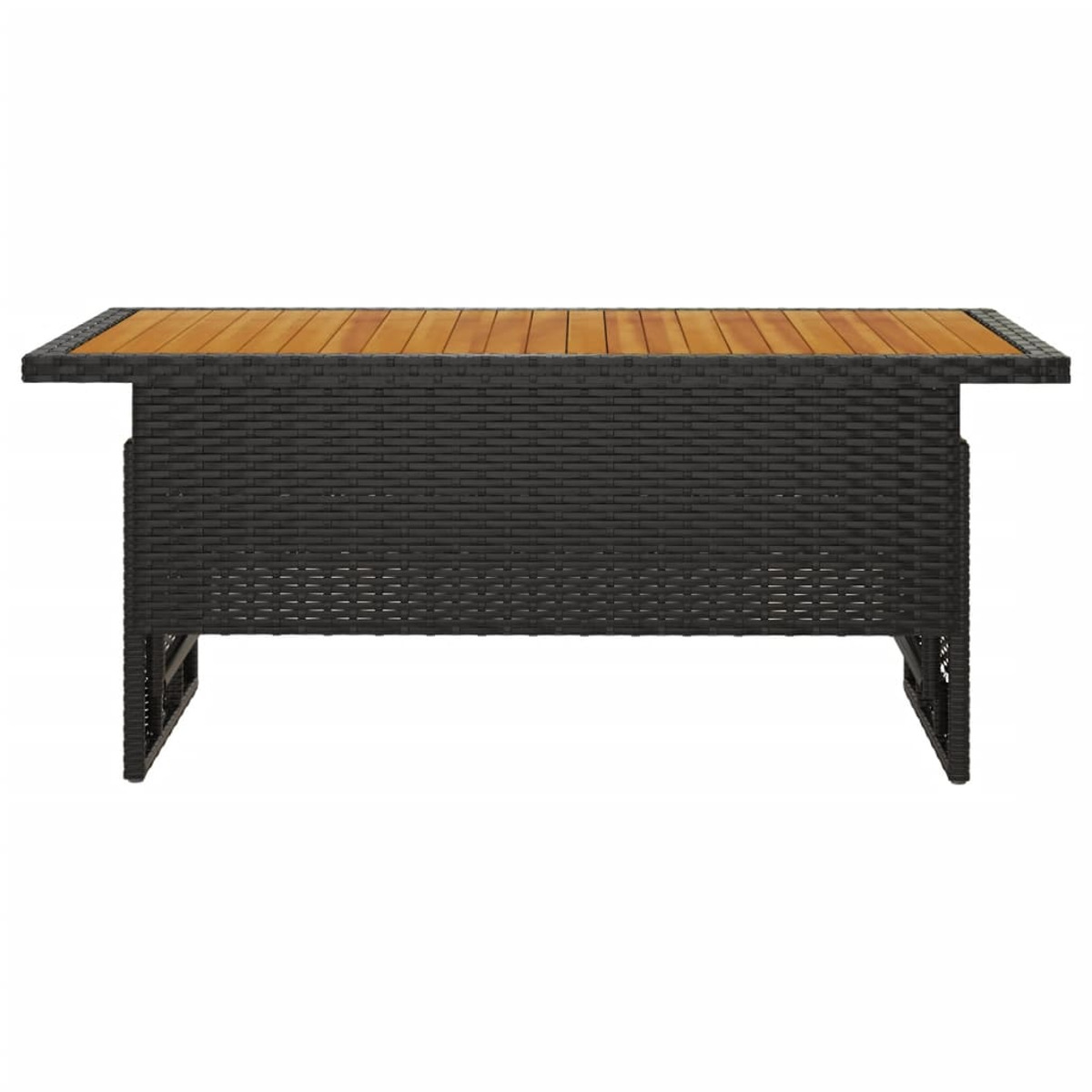 Ein schwarzer gewebter Tisch mit Holzplatte, der die gewebten Seiten und die Holzplatte zeigt.