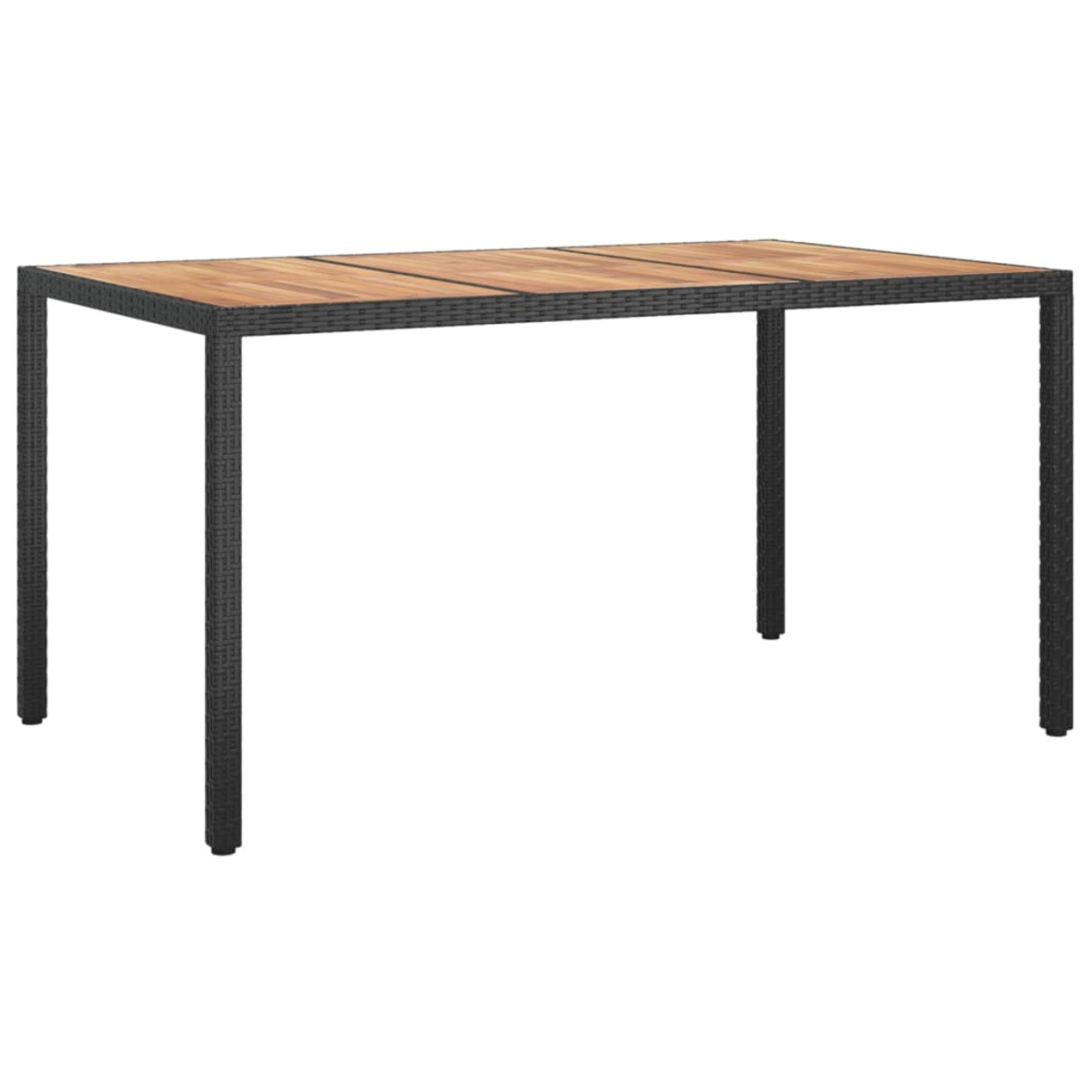 Rechteckiger Tisch mit Holzplatte und schwarzen Beinen. Die Holzplatte hat ein gewebtes Muster.