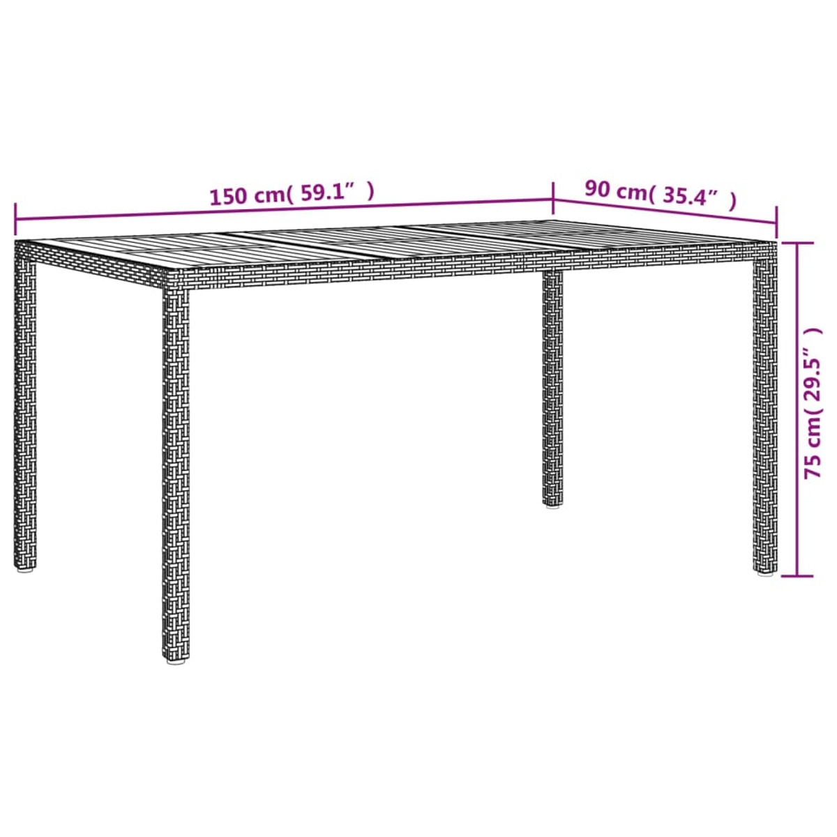 Ein langer, rechteckiger Tisch mit gewebter Textur, mit Maßangaben: 150 cm, 90 cm und 75 cm.