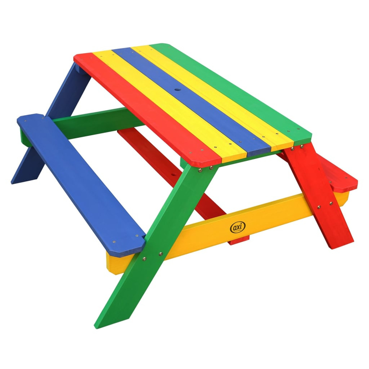 Bunter Picknicktisch mit rot, grün, blau und gelb lackiertem Holz, isoliert auf weiß.