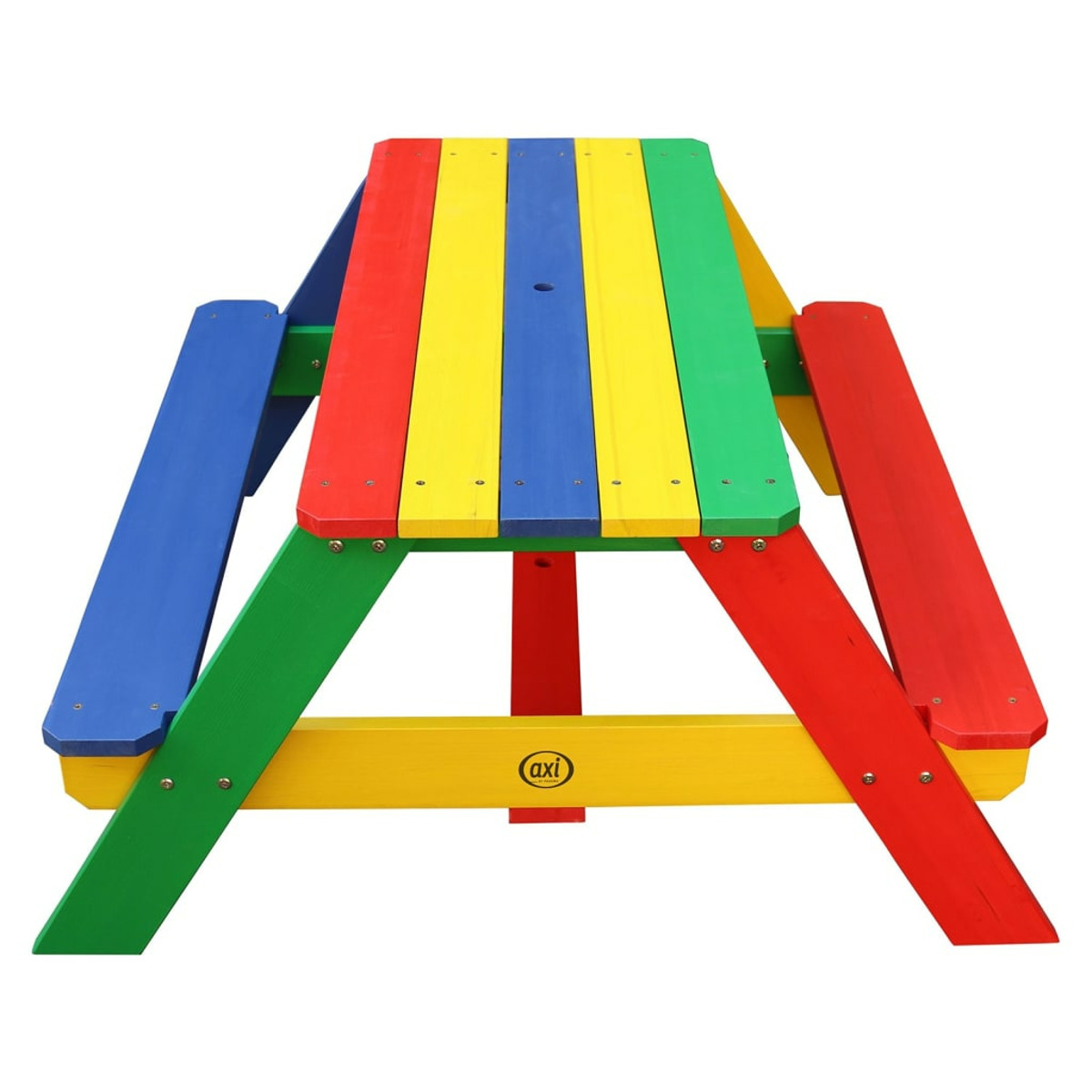 Bunter Picknicktisch mit Sitzen. Rote, blaue, grüne und gelbe Farben. Weißer Hintergrund.