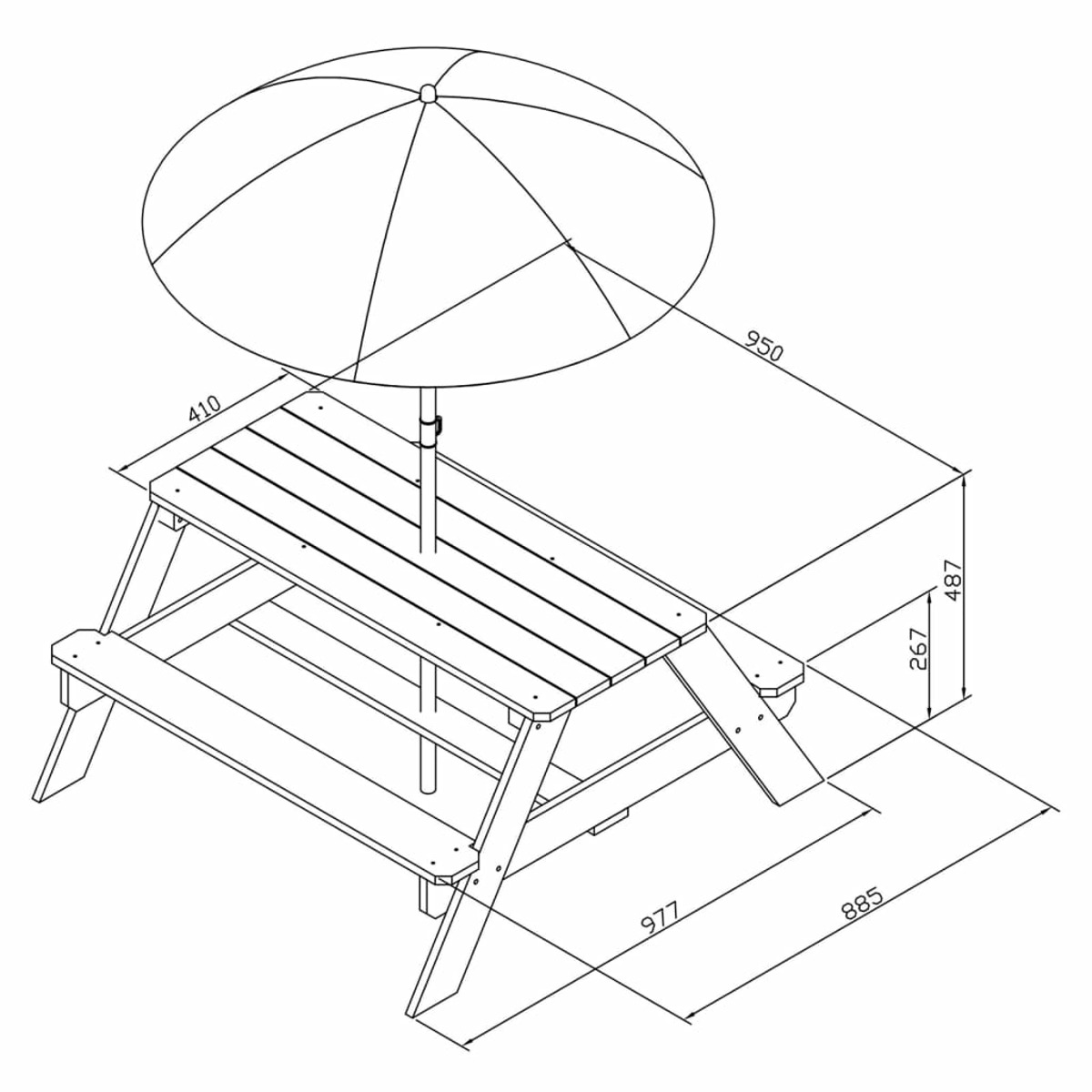 Diagramm eines Picknicktisches mit Schirm, das Abmessungen zeigt. Weißer Hintergrund.