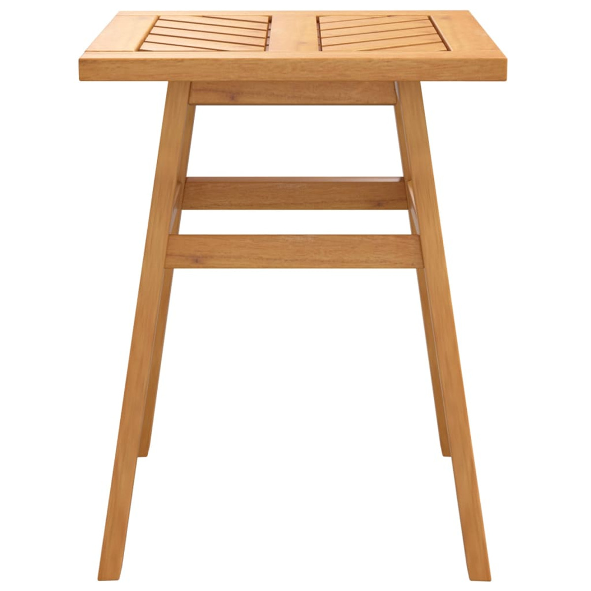 Ein kleiner, quadratischer Holztisch mit Lattenoberfläche und vier Beinen.