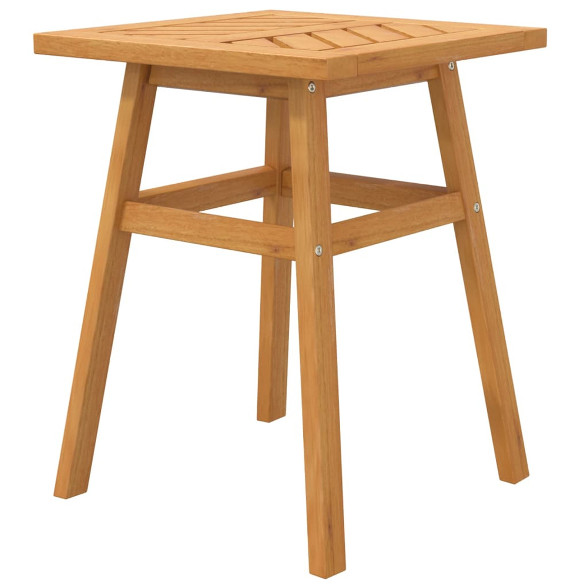 Quadratischer Holz-Beistelltisch für draußen mit vier Beinen. Die Tischplatte hat ein Muster.