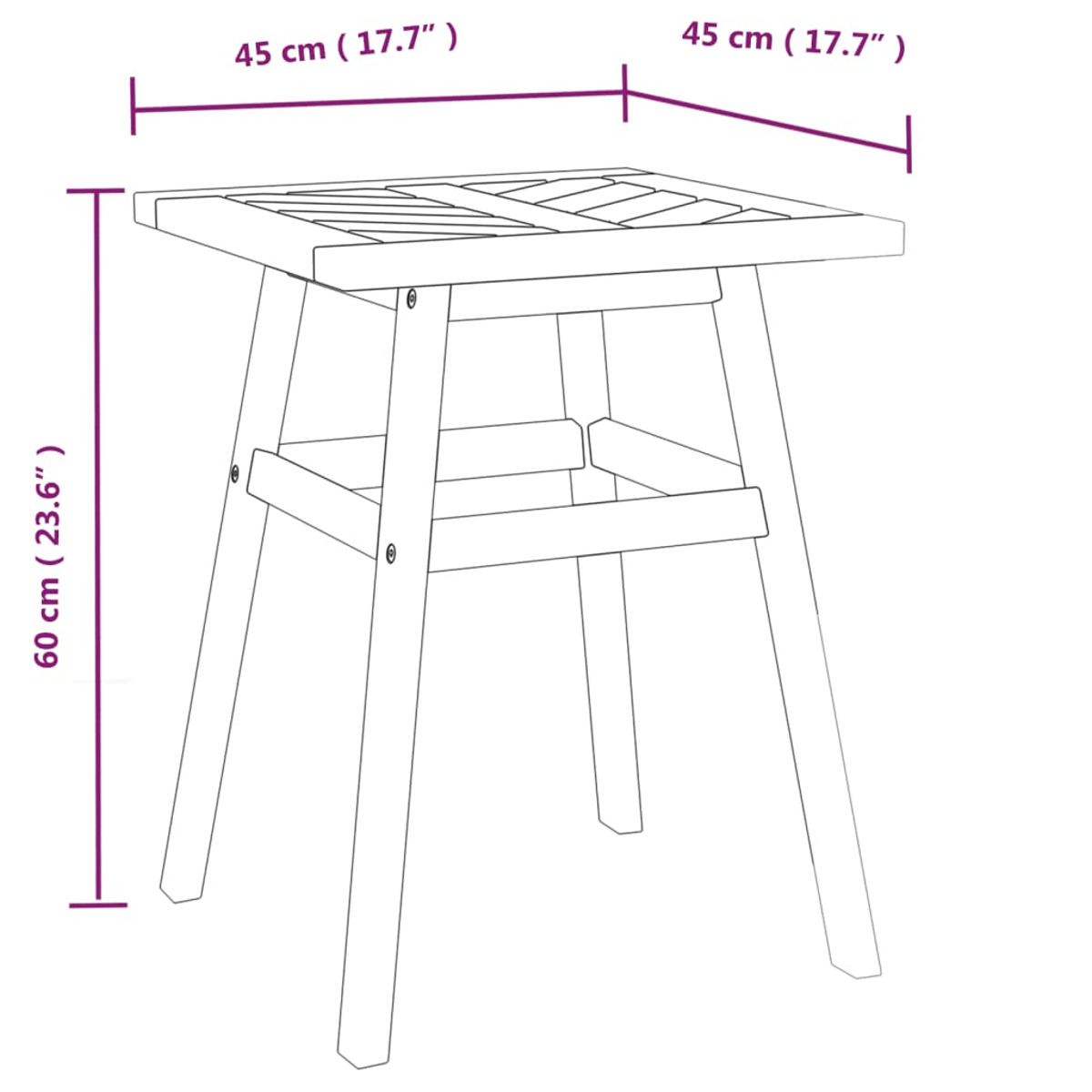 Ein kleiner quadratischer Holztisch mit Lattenrost und angewinkelten Beinen. Abmessungen werden gezeigt.