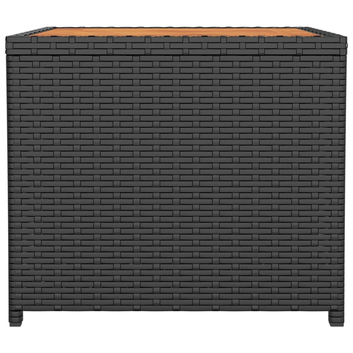 Eine schwarze Aufbewahrungsbox mit Holzplatte. Die Box ist rechteckig, mit flacher Oberseite und Füßen.