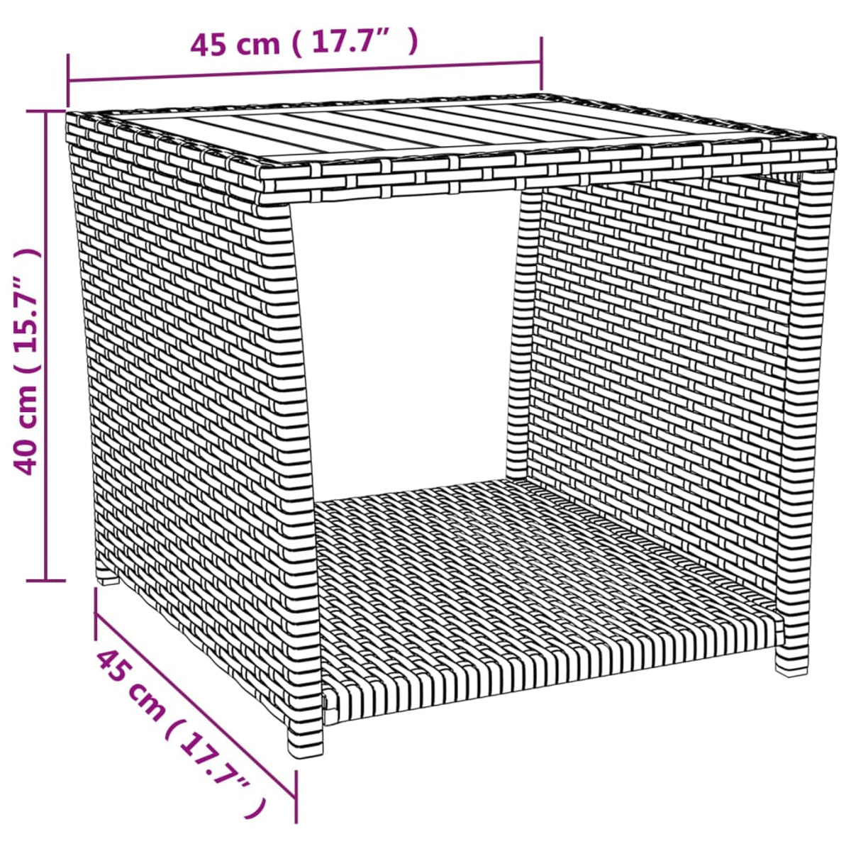 Quadratischer Beistelltisch aus Korbgeflecht mit Maßen. Offene Mitte. Beige Farbe.