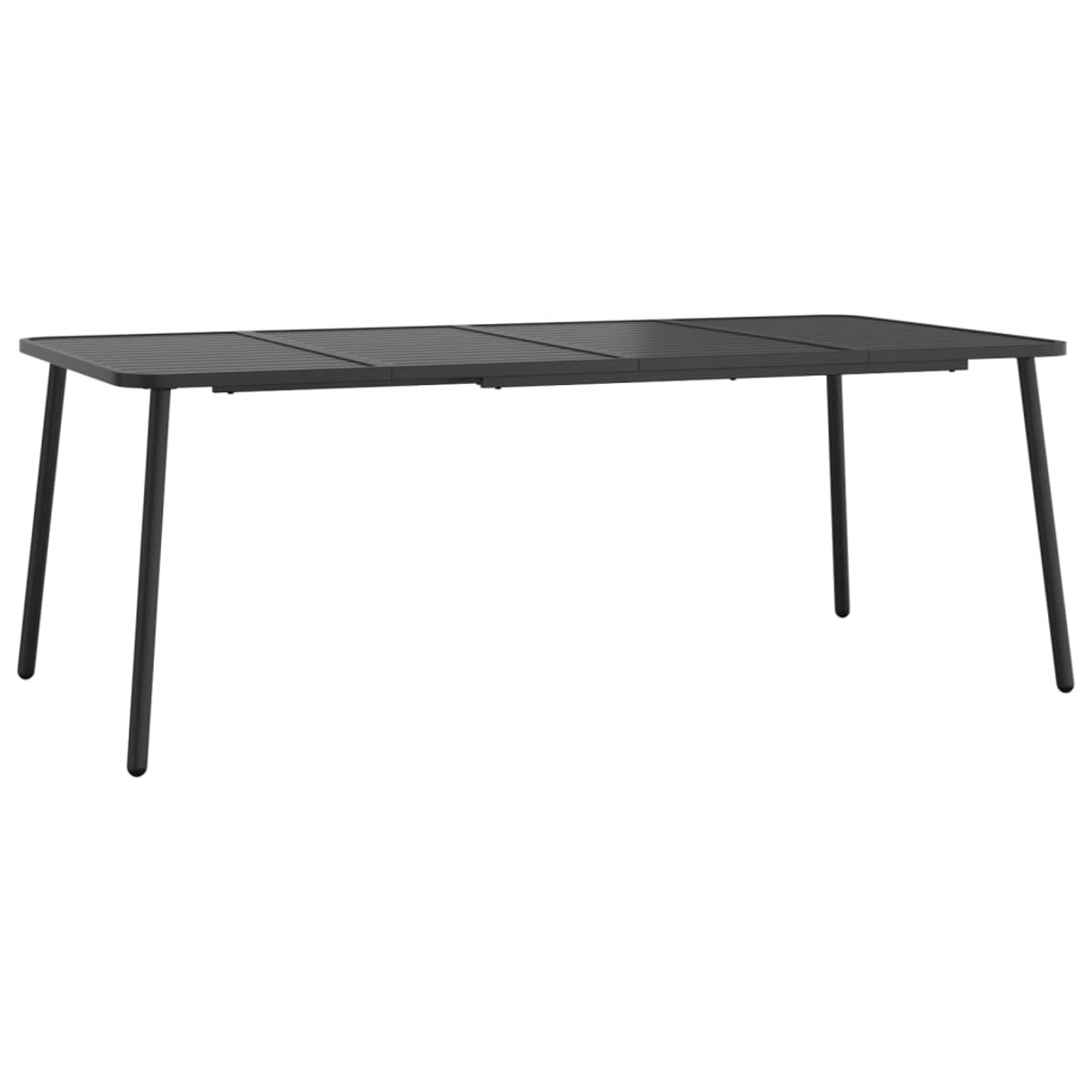 Schwarzer Gartentisch mit rechteckiger Platte und schwarzen Beinen. Der Tisch ist leer.