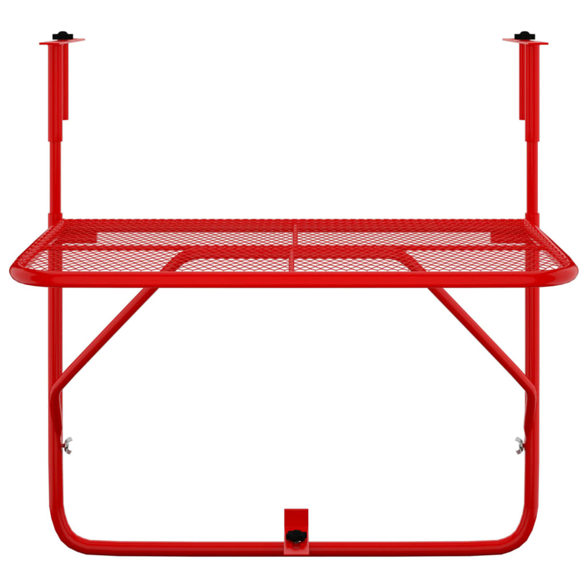 Rotes Metall-Balkonregal mit einer Netzoberfläche und verstellbaren Hängearmen.