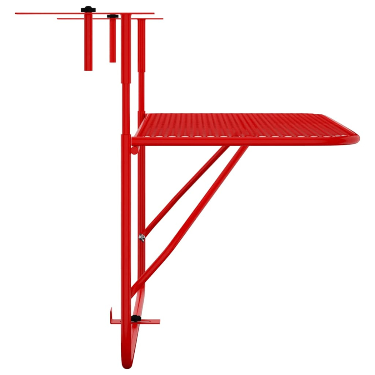 Ein roter Metall-Balkontisch mit perforierter Oberseite und weißem Hintergrund.