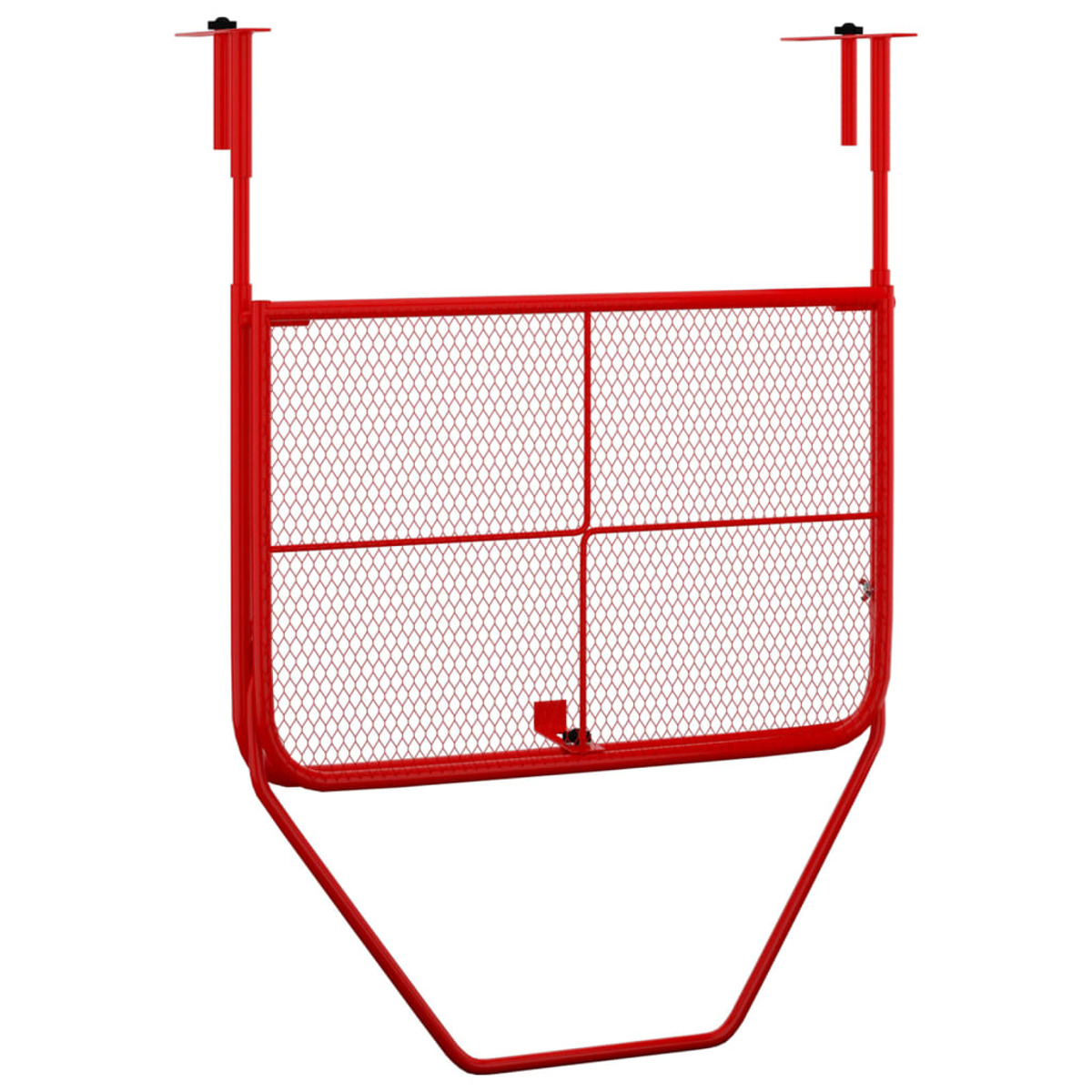 Ein rotes Metalltor mit einem Diamantgitter. Es hat einen Riegel und Scharniere.
