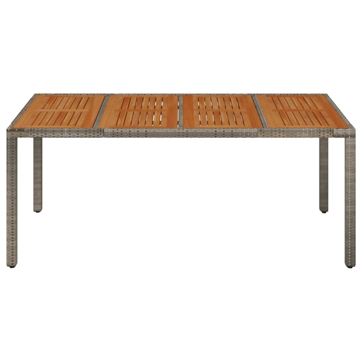 Ein rechteckiger Gartentisch mit grauem Rahmen und Holzplatte, auf weißem Grund.